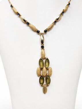 Vintage Gold Tone Y Drop Necklace Blue Rhinestones Chartreuse Glass Statement